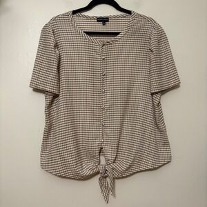 Modern Works Tan White‎ Gingham Check Tie Front Button Up Top Large